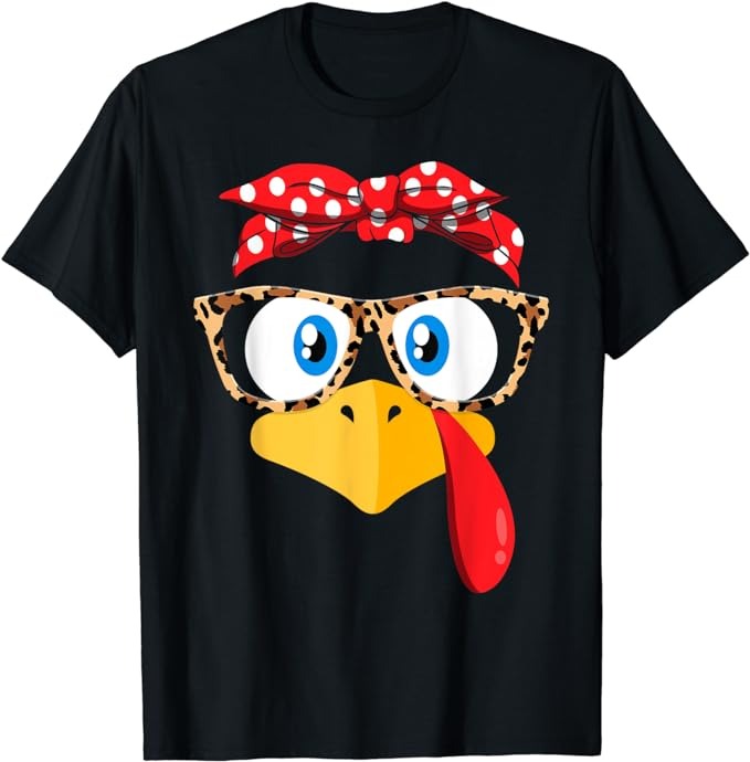 Thanksgiving Turkey Face Leopard Print Glasses Women Girls T-Shirt