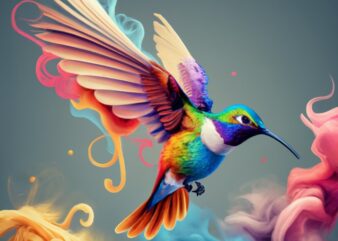 The text “WALESKA” Hummingbird and colored smoke yellow, red, white, blue, cream, light pink, on white background for T-shirts design PNG Fi