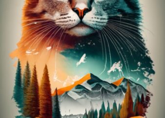 Tshirt design – Double exposure of a cat BLAC DARK and a mountain, natural scenery, watercolor art PNG File