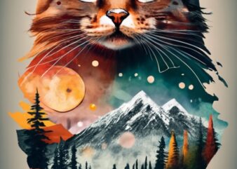 Tshirt design – Double exposure of a cat and a mountain, natural scenery, watercolor art PNG File