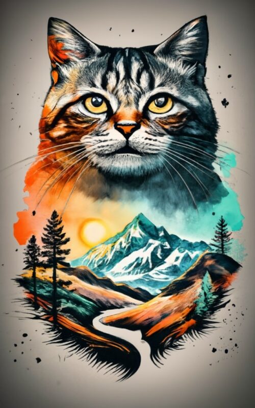 Tshirt design – Double exposure of a happy cat and a mountain, natural scenery sunset, watercolor art mixed with black ink PNG File