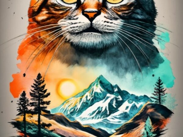 Tshirt design – double exposure of a happy cat and a mountain, natural scenery sunset, watercolor art mixed with black ink png file