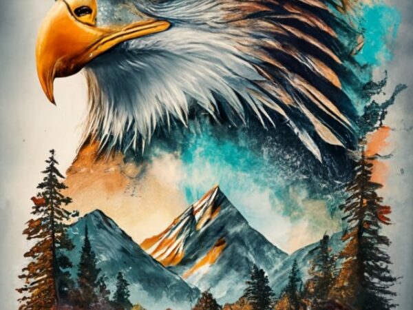Tshirt design – double exposure of an eagle and a mountain, natural scenery, watercolor art png file