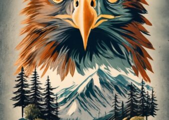 Tshirt design – Double exposure of an eagle and a mountain, natural scenery, watercolor art, PNG File