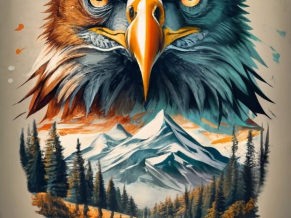 Tshirt design – edgar exposure of an eagle and a mountain, natural scenery, watercolor art, png file