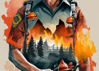 Tshirt design for a fire station – Double exposure of a firefighter and a city scape with mountains , natural scenery, watercolor art PNG Fi