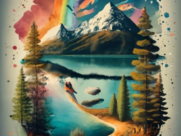 Tshirt design – mountain, natural scenery with lake, watercolor art, rainbow trout jumping png file Tshirt design – mountain, natural scenery with lake, watercolor art, rainbow trout jumping png file