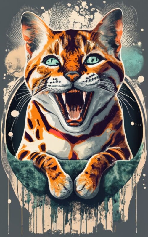 Tshirt vector design – Circle exposure of a happy laughing bengal cat, white rice paper efect PNG File