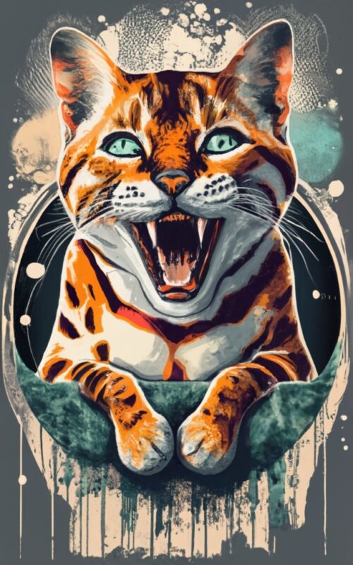Tshirt vector design – Circle exposure of a happy laughing bengal cat, white rice paper efect PNG File