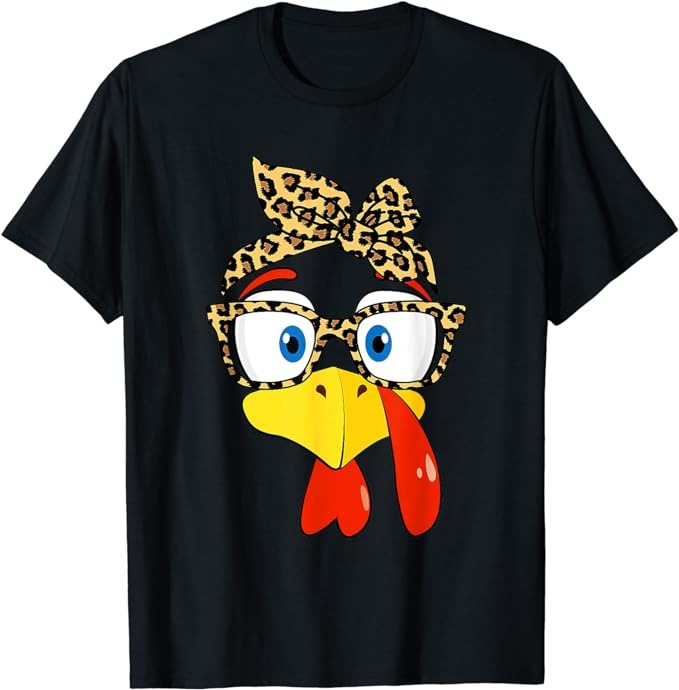 Turkey Face Glasses Leopard Headband Thanksgiving Women T-Shirt