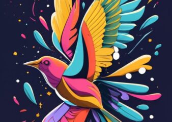 t shirt design of a minimal bird with rainbow feathers flying up into sky, elegant, character masterpiece, elegant typography “Love makes me