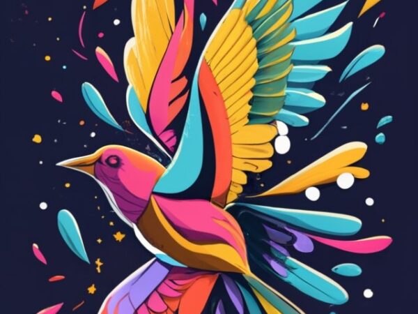 T shirt design of a minimal bird with rainbow feathers flying up into sky, elegant, character masterpiece, elegant typography “love makes me