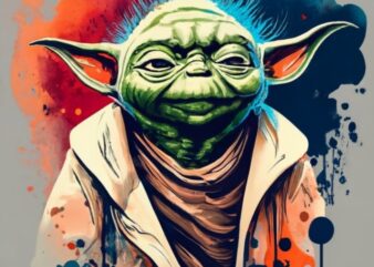 Ultra realistic vector t-shirt design, minimalistic ink drawing style, vanishing point on white paper, realistic cute bright green yoda PNG
