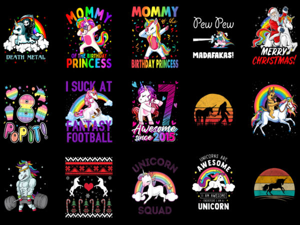 15 unicorn shirt designs bundle for commercial use, unicorn t-shirt, unicorn png file, unicorn digital file, unicorn gift, unicorn download, unicorn design amz