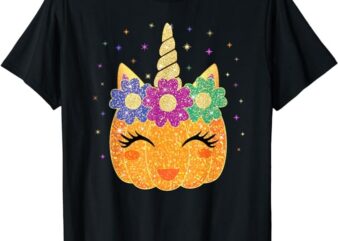 Unicorn Pumpkin Halloween Thanksgiving Girls Kids T-Shirt