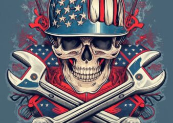 Unique skull with american flag hard hat and wrench crossbones Tshirt design PNG File