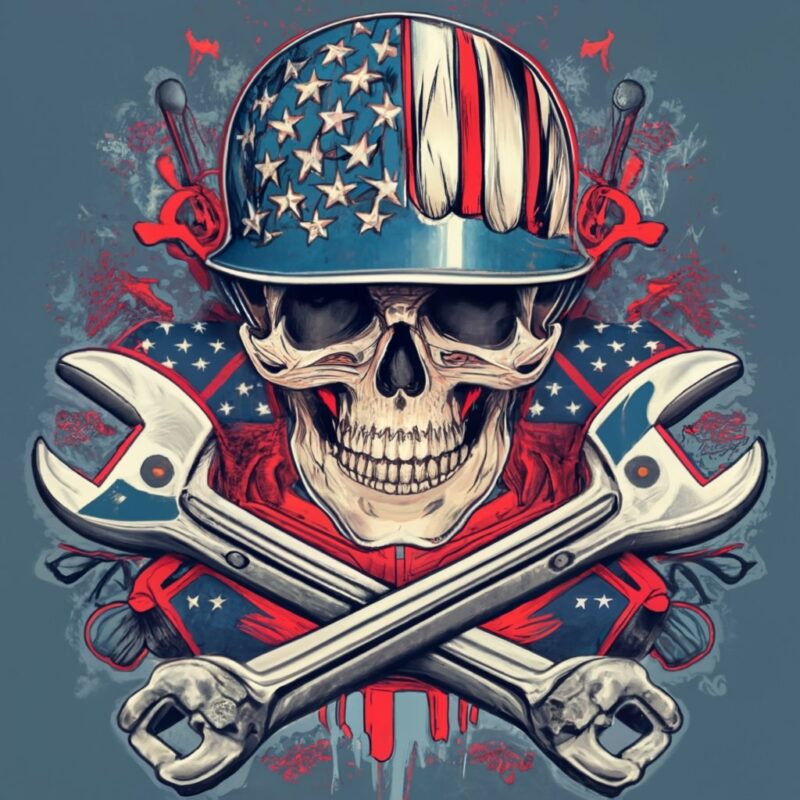 Unique skull with american flag hard hat and wrench crossbones Tshirt design PNG File