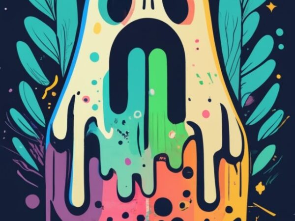 T shirt design of a minimal ghost character masterpiece, solid black background, a ghost with unicorn puke colors png file