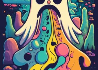 t shirt design of a minimal ghost character masterpiece, solid black background, a ghost with unicorn puke colors PNG File
