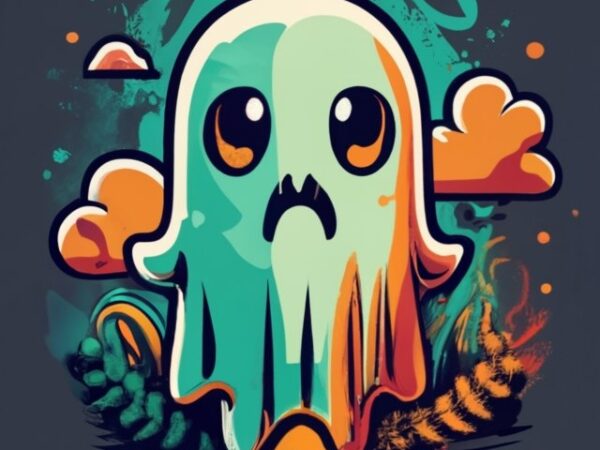 T shirt design of a minimal ghost character masterpiece, midjourney, solid black background, graffiti png file