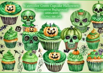 Watercolor Green Cupcake and Halloween Clipart t shirt design for sale