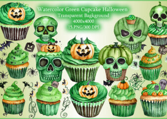 Watercolor Green Cupcake and Halloween Clipart