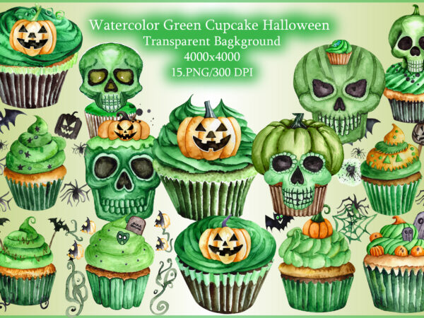Watercolor green cupcake and halloween clipart t shirt design for sale