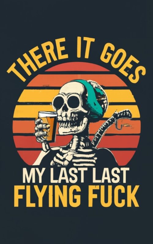 t-shirt design Vintage retro sunset distressed black style design, a skeleton drinking beer, with text (“There It Goes, My Last Flying Fuck”