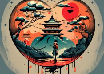 tshirt design, Heart shaped logo Japanese ink painting, splashed paint, geisha, monk, red sun PNG File