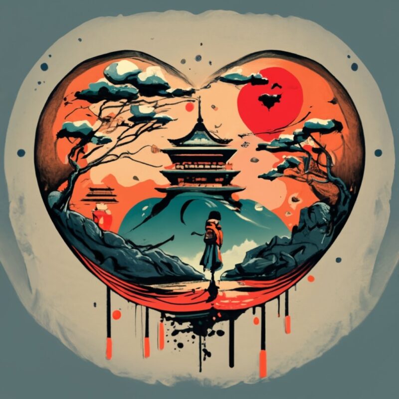 tshirt design, Heart shaped logo Japanese ink painting, splashed paint, geisha, monk, red sun PNG File