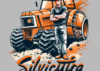 t-shirt design, forestry machine operator. 3D text “silvicultura”. watercolor splash PNG File