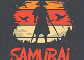 t-shirt design Vintage retro red sunset distressed black style design, a samurai shadow warrior, with text “Samurai” PNG File
