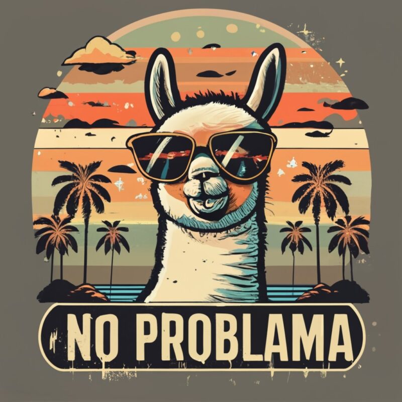 t-shirt design Vintage retro sunset distressed black style design, a cute alpaca baby wearing sunglasses, with text (“NO PROBLAMA”) PNG File