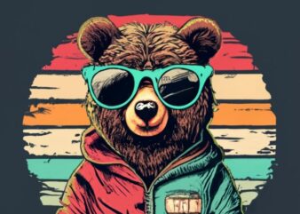 t-shirt design Vintage retro sunset distressed black style design, a cute baby bear wearing sunglasses, with text “STAY COOL” PNG File