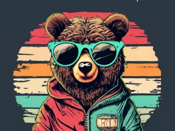 T-shirt design vintage retro sunset distressed black style design, a cute baby bear wearing sunglasses, with text “stay cool” png file