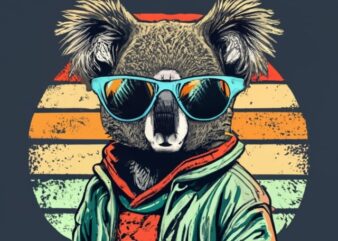 t-shirt design Vintage retro sunset distressed black style design, a cute baby koala wearing sunglasses, with text “STAY COOL” PNG File