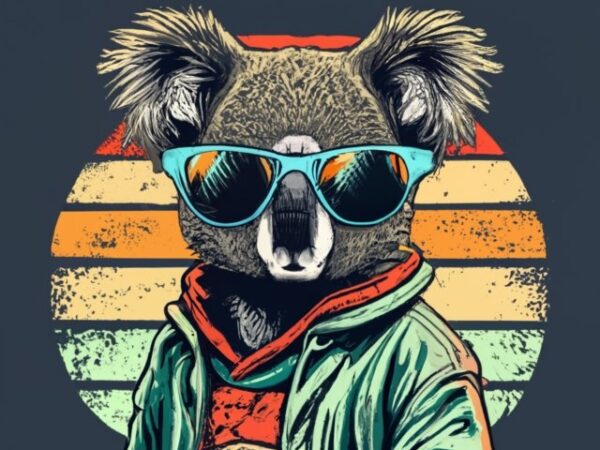 T-shirt design vintage retro sunset distressed black style design, a cute baby koala wearing sunglasses, with text “stay cool” png file