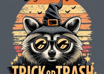 t-shirt design Vintage retro sunset distressed black style design, halloween style, a cute raccoon wearing a witch hat, with text ” TRICK OR
