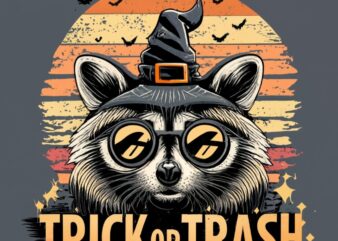 t-shirt design Vintage retro sunset distressed black style design, halloween style, a cute raccoon wearing a witch hat, with text ” TRICK OR