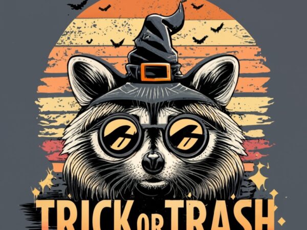 T-shirt design vintage retro sunset distressed black style design, halloween style, a cute raccoon wearing a witch hat, with text ” trick or