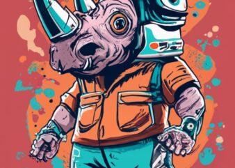 t-shirt design, Friendly Rhino wearing a futuristic helmet holding a laser machine gun PNG File