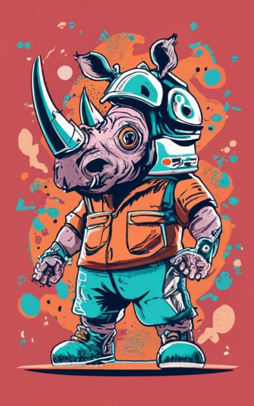 t-shirt design, Friendly Rhino wearing a futuristic helmet holding a laser machine gun PNG File