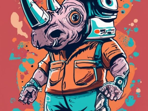 T-shirt design, friendly rhino wearing a futuristic helmet holding a laser machine gun png file