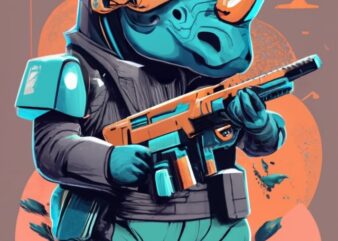 t-shirt design, Friendly Rhino wearing a futuristic helmet holding a laser machine gun PNG File