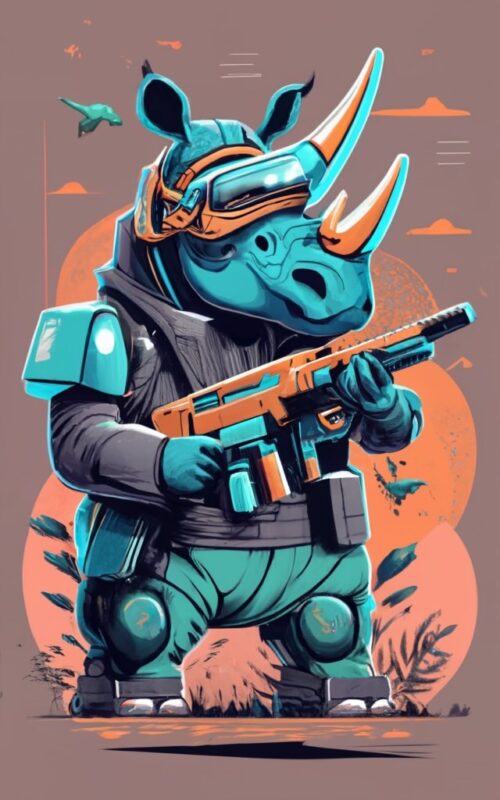 t-shirt design, Friendly Rhino wearing a futuristic helmet holding a laser machine gun PNG File