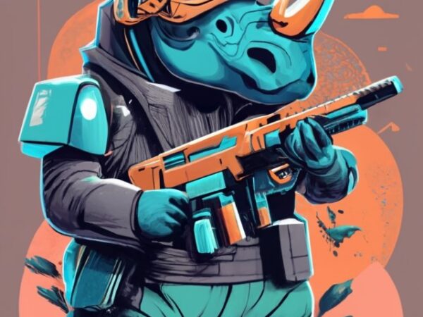 T-shirt design, friendly rhino wearing a futuristic helmet holding a laser machine gun png file