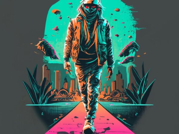 T-shirt design, cyberpunk edge walker. neon light and shadow png file