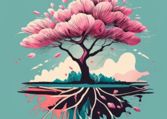 t-shirt design, cherry blossom tree at dawn. Watercolor splash of soft pinks and sky blues PNG File