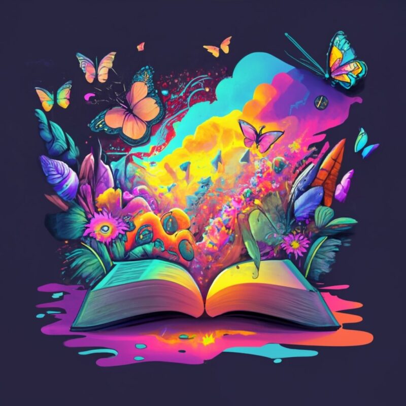 t-shirt logo design, an open glowing book, butterflies and magical flowers creepers PNG File