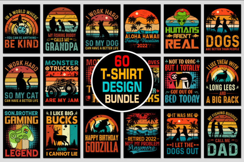 60 Vintage Retro Sunset T-Shirt Design Bundle